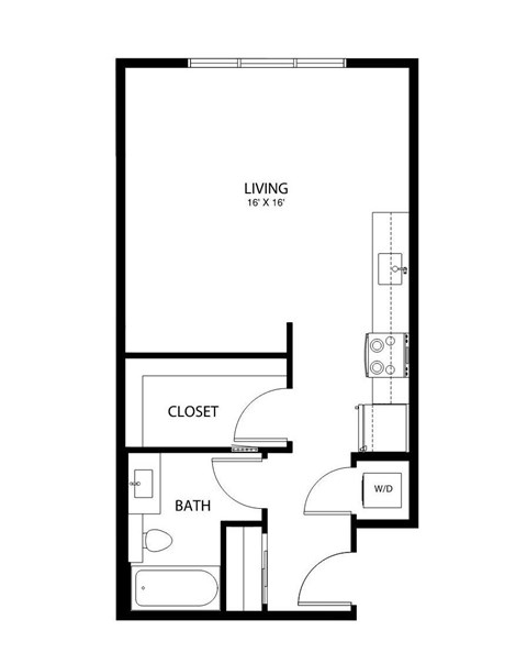 A black and white drawing of a living room, bathroom, and closet.